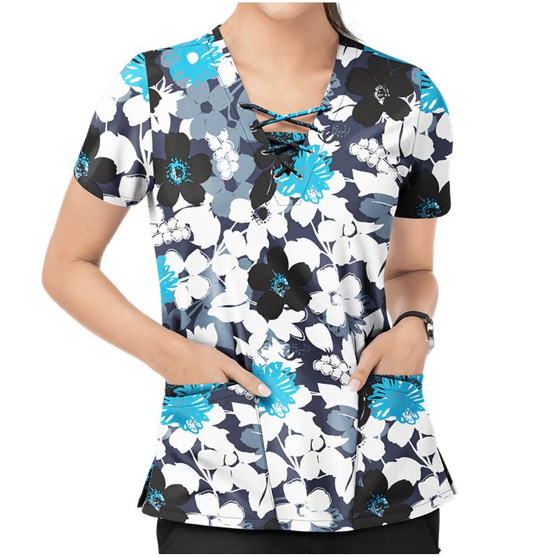 Product Introduction of Women Print Nurse Uniform Plus Size Summer Short Sleeve V-neck Tops Nursing Working Uniform T-shirts Clinic Protective Clothing 3