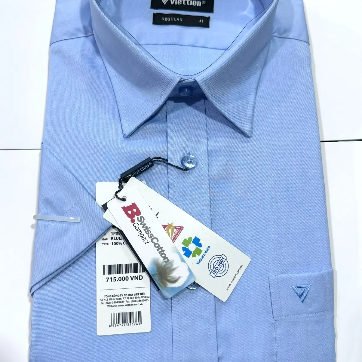 Viettien️- 415 -Áo sơ mi nam ngắn tay màu xanh trơn  cao cấp fom regular - vạt bầu Menswear