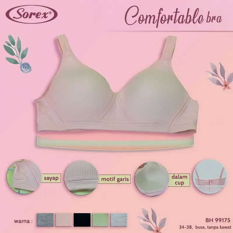 Bra BH Wanita Sorex Murah  Tanpa Kawat Busa Tipis Kait 3 (Cup B) 99175 3