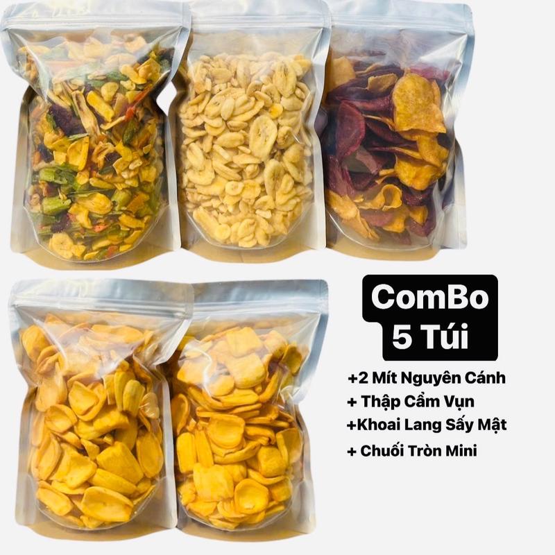 Combo 23: (1.75kg) 2 Mít Sấy nguyên + 1 Thập Cẩm Sấy Vụn + 1 Chuối Sấy Tròn Mini+ 1 Khoai Lang Tím Sấy Mật Ong