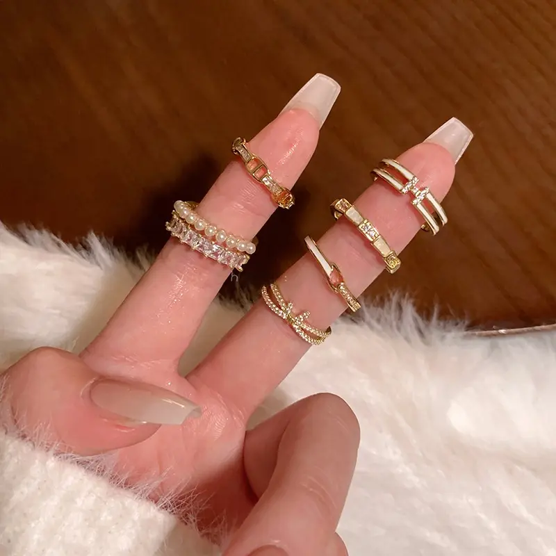 Light luxury, high sense, double row pearl, zircon, open ring, fashion, trend versatile, adjustable, niche design, simple personality, ring，Stacked is more beautiful