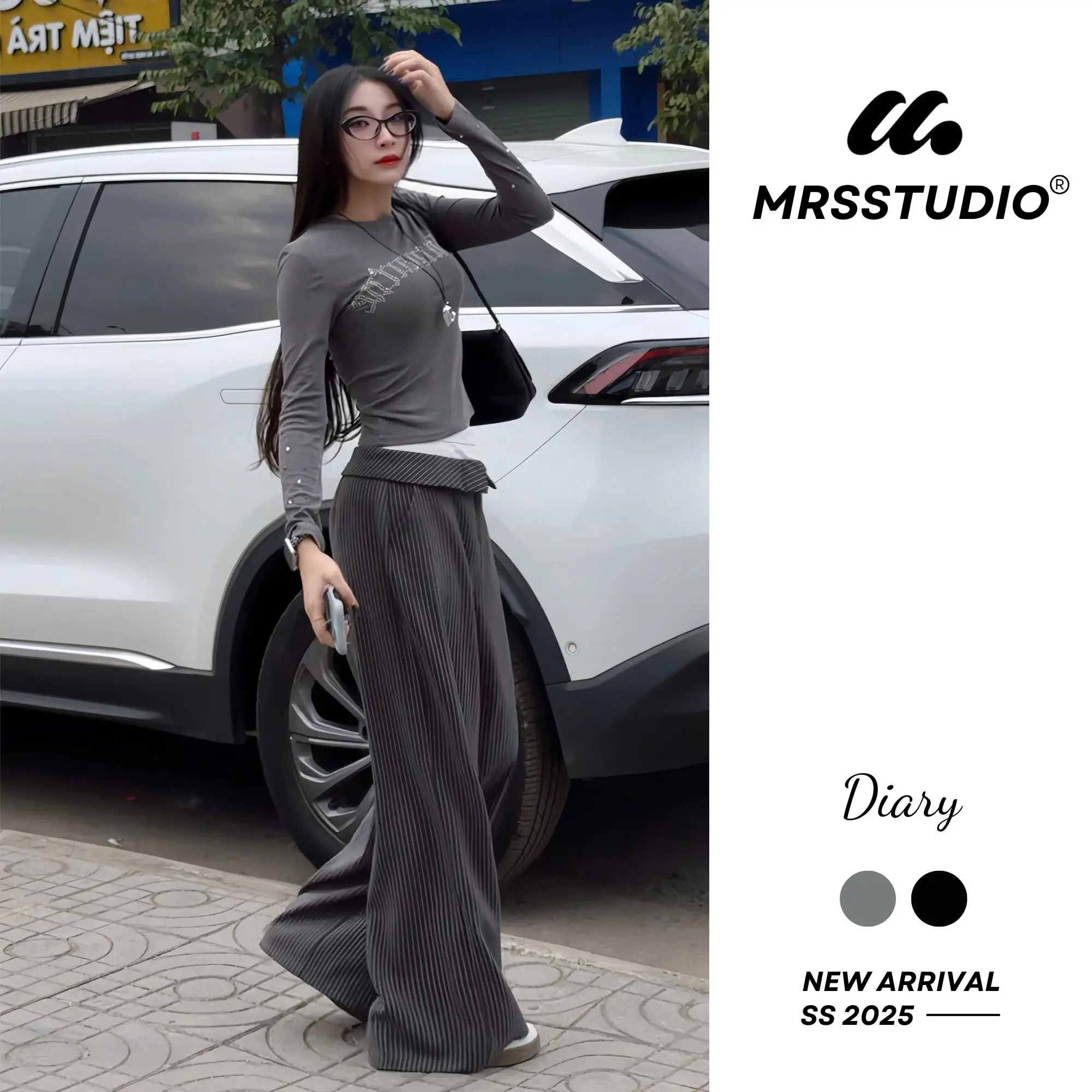 MRSSTUDIO - Quần vạt 2 cạp ống rộng nữ tôn dáng 2025, đi học đi làm, văn phòng, cá tính MRQ135G