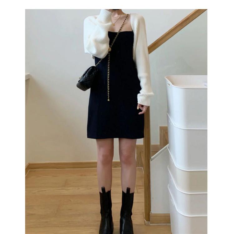 Product Introduction of Váy Hai Dây Không Tay Phong Cách Pháp Xiaoxiangfeng Áo Khoác Cardigan Dệt Kim Phối Bên Ngoài Áo Len Nữ Tay Cánh Dơi Khăn Choàng Dáng Ngắn Khí Chất 3