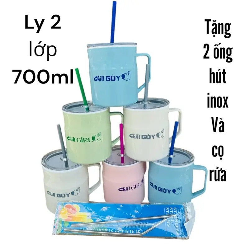 (Tặng 2 ống hút inox) Combo 2 ly 2 lớp 700ml nhựa Tân Lập Thành