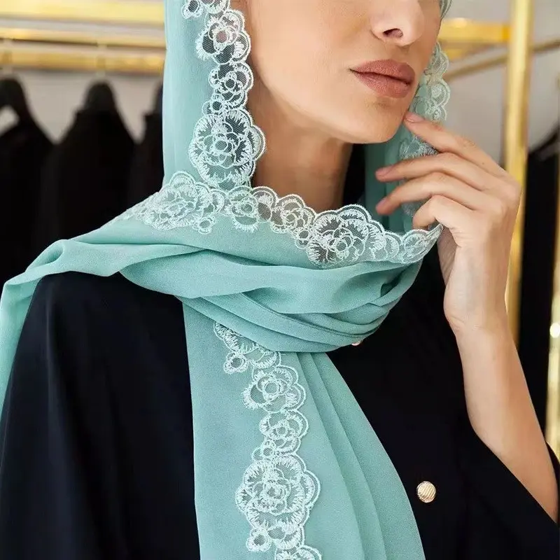 Cross-Border Trade Embroidered Edge Chiffon Headscarf Malay Elegant Socialite Lace Edge Scarf