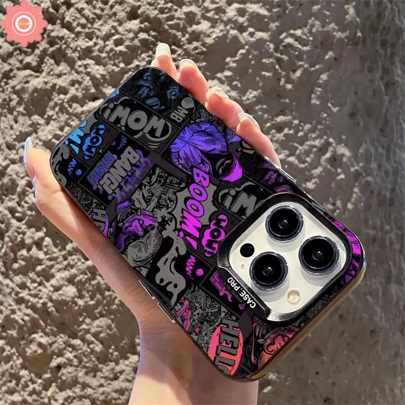 Sunflower Casing Lembut Elf Iblis Grafiti Kartun Lensa Logam Berlapis Mewah Kompatibel Untuk iPhone 11 13 14 12 15 Pro Max 7Plus XR 7 8 Plus X XS Max SE 2020 Casing Ponsel IMD Akrilik Lensa Logam Berlapis Mewah Soft Case Cover 1