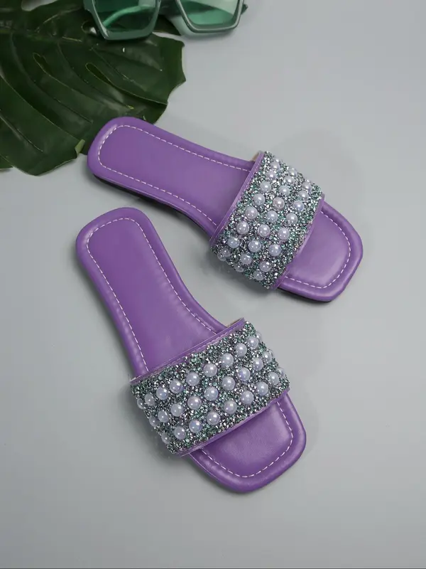 Women's Fashion Faux Pearl Decorated Slide Sandals, 1 Pair 2024 New Style Casual Non-slip Flat Slippers for Beach, Fashion All-match Shoes for Daily Wear 5