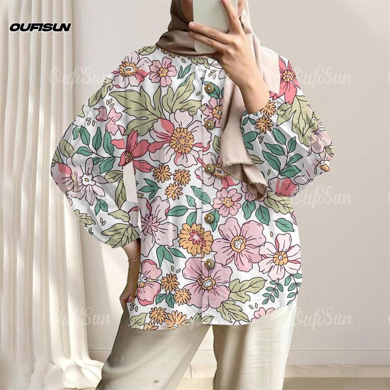 Áo Sơ Mi Gia Đình Nữ, Áo Sơ Mi Dài Tay Hồi Giáo, In Hoa Thanh Lịch Và Đơn Giản, Phong Cách Hồi Giáo, Áo Thường Ngày Cho Nữ, Ngoại Cỡ S-5XL, Hàng Mới Về Năm 2025 3