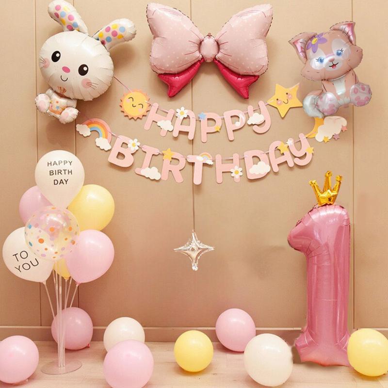 Set bóng bay trang trí sinh nhật cho bé gái chủ đề thỏ mèo dễ thương TM2 đầy đủ đồ tặng kèm bơm tay và băng dính