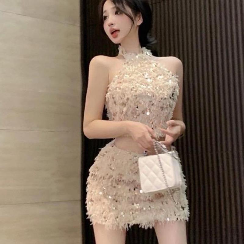 Sét đầm kim sa lông áo yếm phối chân váy Ôm gọn Nữ Women