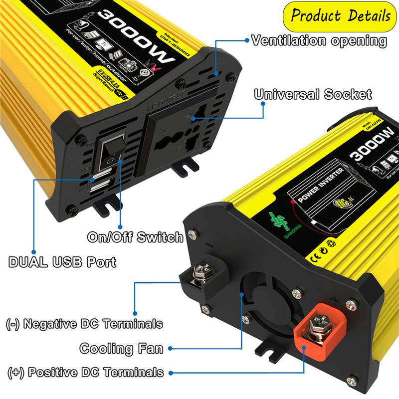 Biến tần năng lượng thông minh, 3000W, DC 12V sang AC 110 / 220V, Dual USB, Thích hợp cho các thiết bị thông minh 7