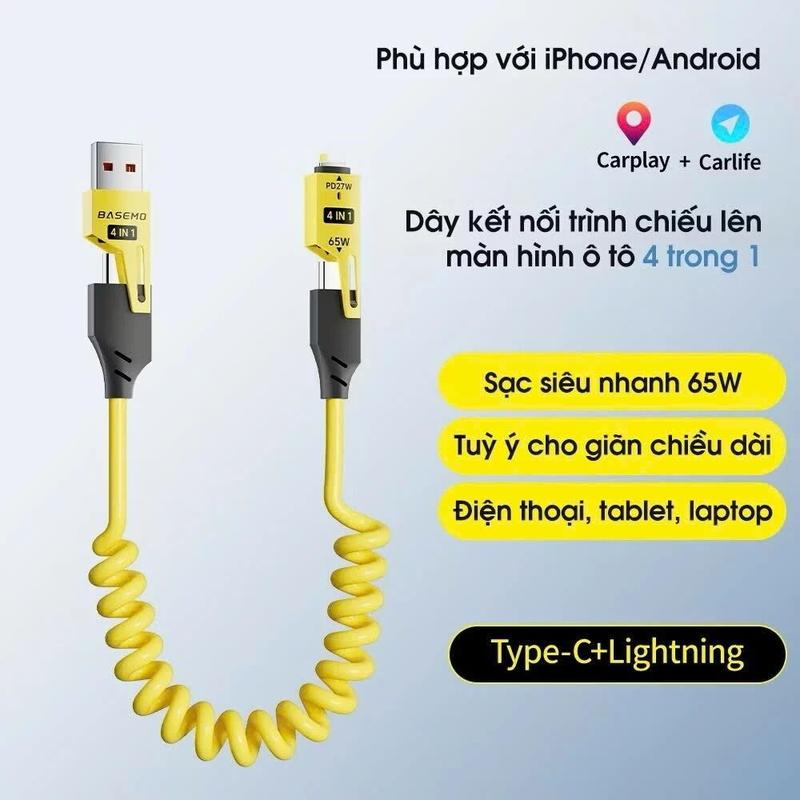 4 trong 1 Vỏ hợp kim kẽm lò xo cáp usb kính thiên văn 65W Cáp sạc nhanh loại c đến loại c Cáp sạc xe hơi tương thích rộng rãi cho ios / Type c