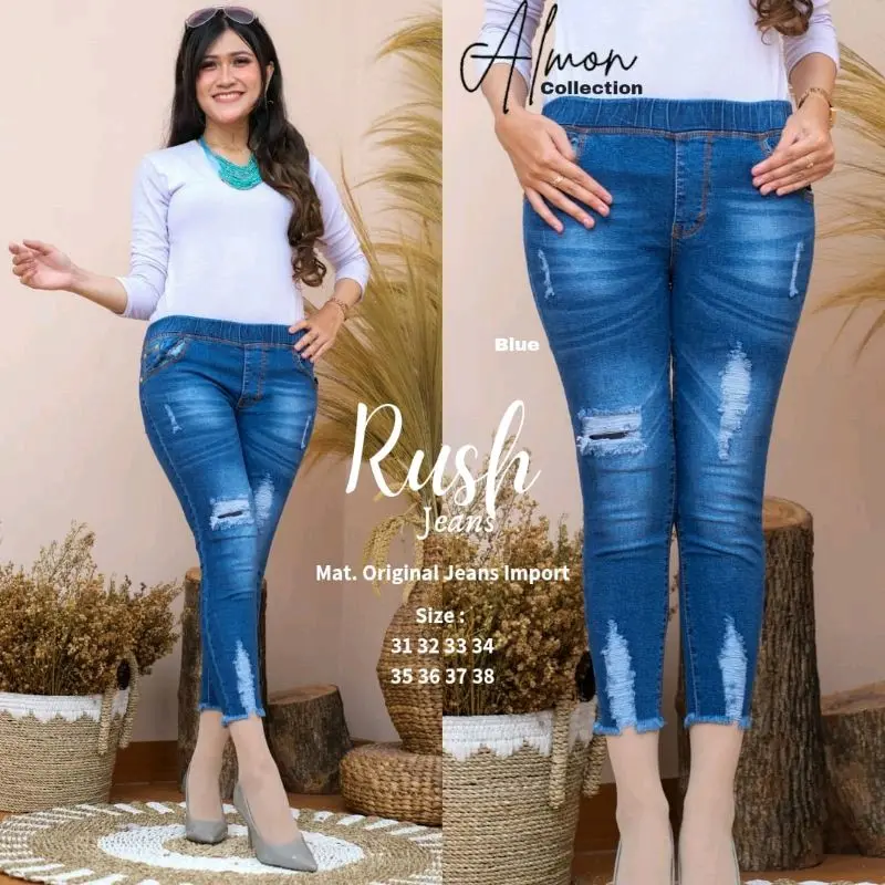 celana jeans wanita model sobek-sobek - celana Denim pinggang karet kekinian Legging Stretch Casual Waist 2