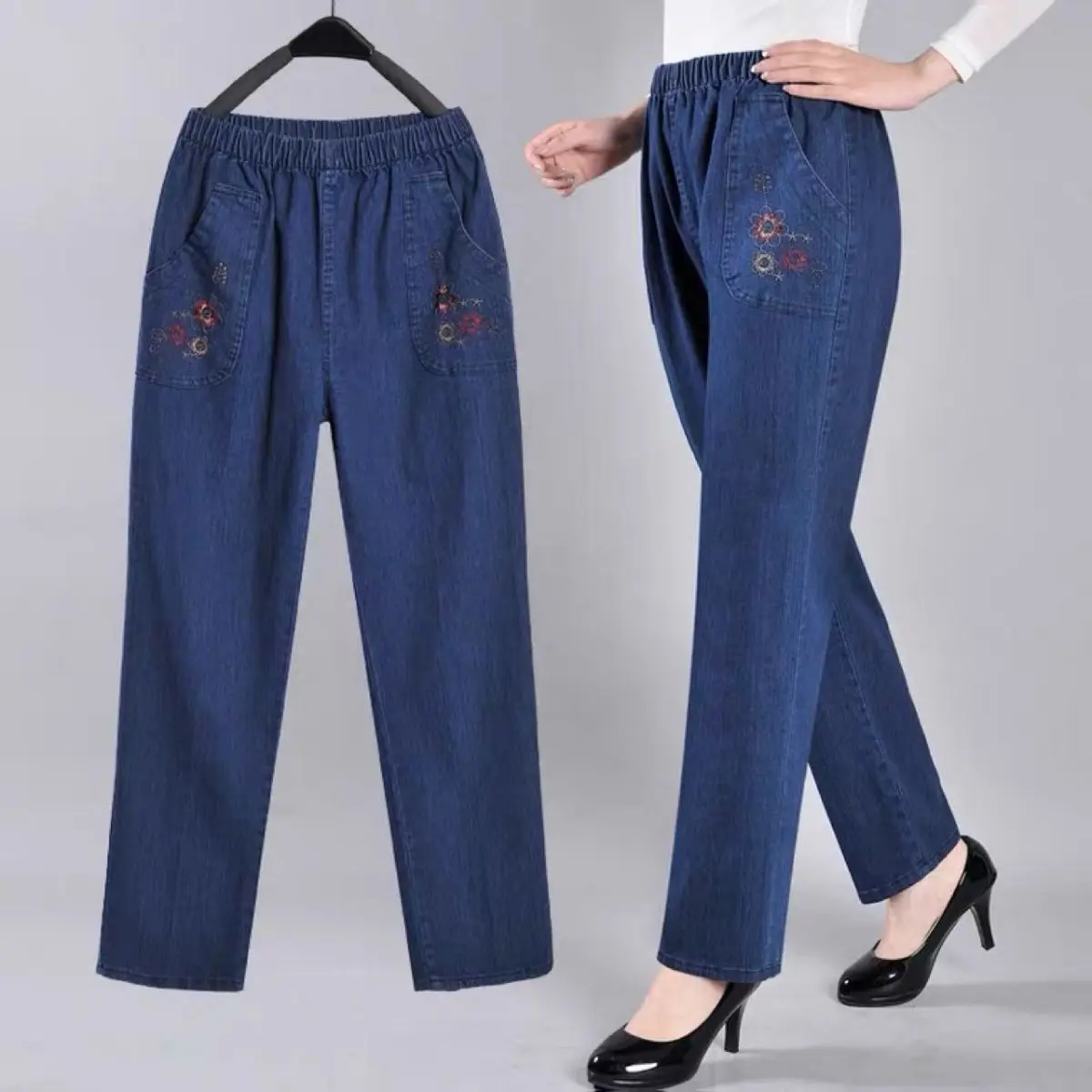 Quần Dài Jean Cạp Cao Cho Phụ Nữ Trung Người Già Và Cao Tuổi, Quần Nữ, Quần Ống Đứng, Mỏng, Phong Cách Bà Ngoại, Eo Co Giãn, Dáng Rộng, Thích Hợp Cho Mẹ, Lý Tưởng Cho Mùa Xuân Và Mùa Hè