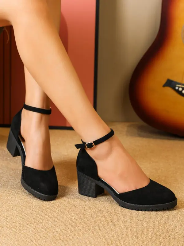 Women's Fashionable Solid Color High Heel Shoes, Elegant Pointed Toe Buckle Design Chunky Heeled Heels for Daily Wear, Minimalist Ankle Strap Pumps 1