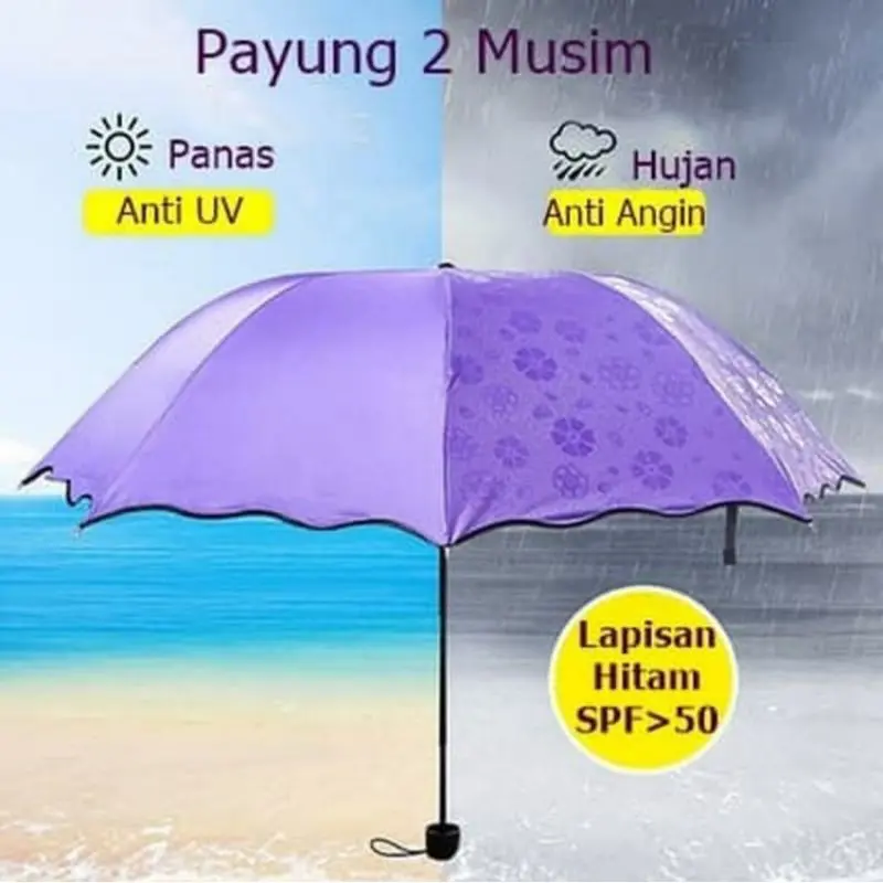 PAYUNG LIPAT 3D MAGIC 2 MUSIM UMBRELLA HUJAN PANAS MOTIF KENA AIR Bunga Plastik 6