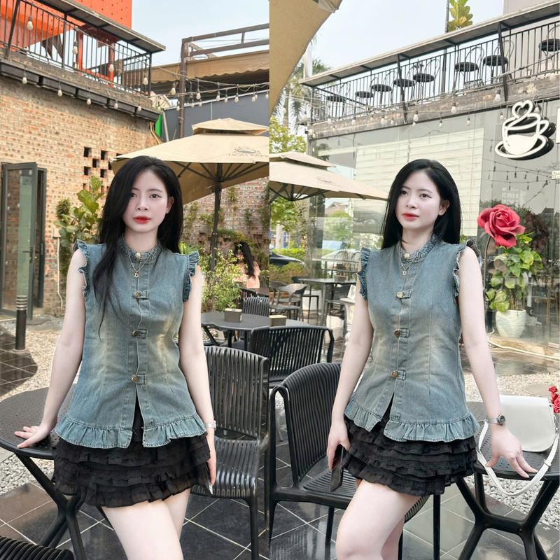 Áo gile jean nữ sát nách tay viền bèo cánh tiên cúc đồng hottrend 15161