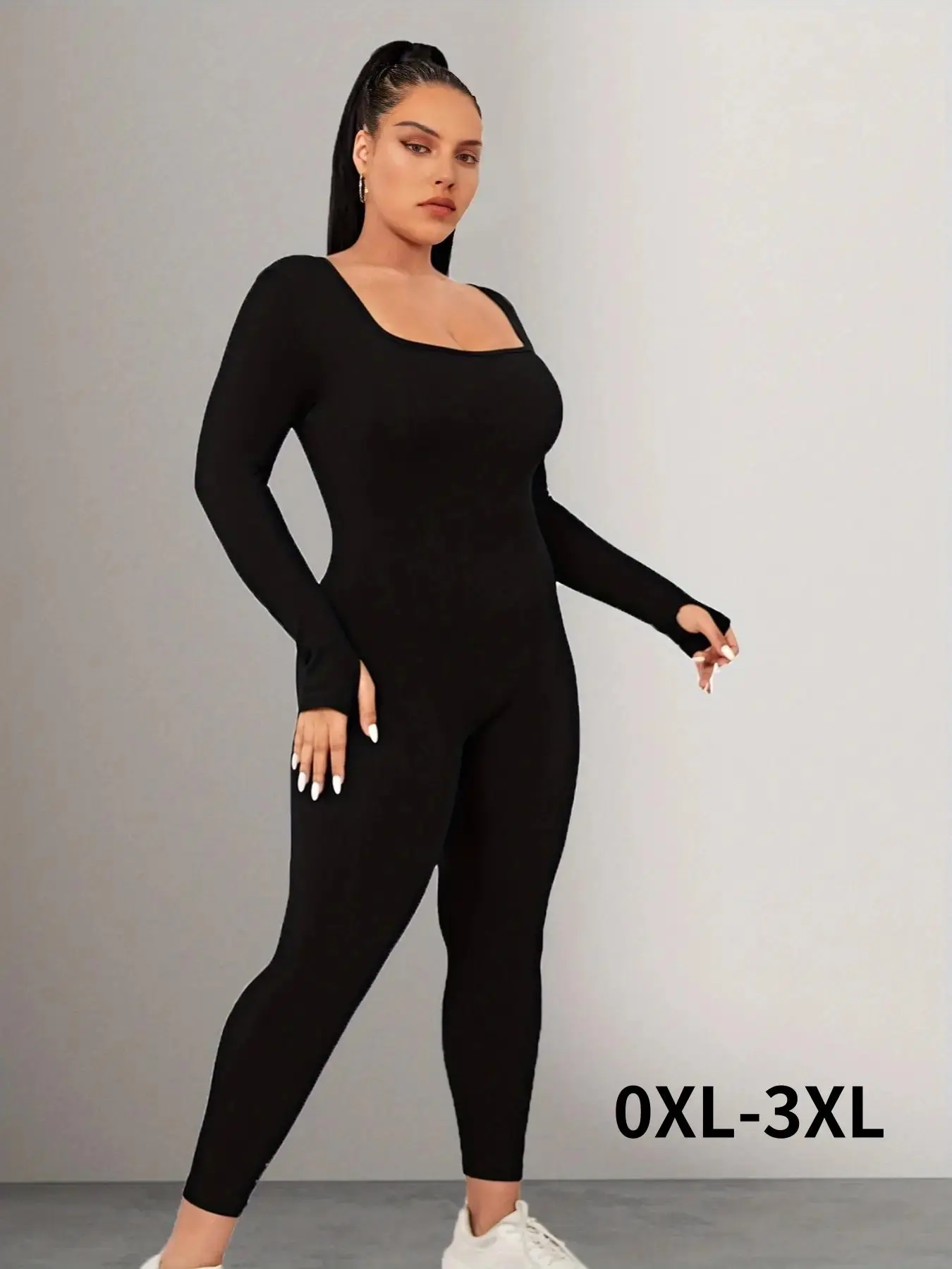 Plus Size Basic Solid Long Sleeve Square Neck Sports Jumpsuit, Sporty High Stretch Seamless Jumpsuit for Yoga Gym Workout, Women's Sport Outdoor Clothing, College Outfits,  Jumpsuit for Women, College Outfits Uk, Tummy Control