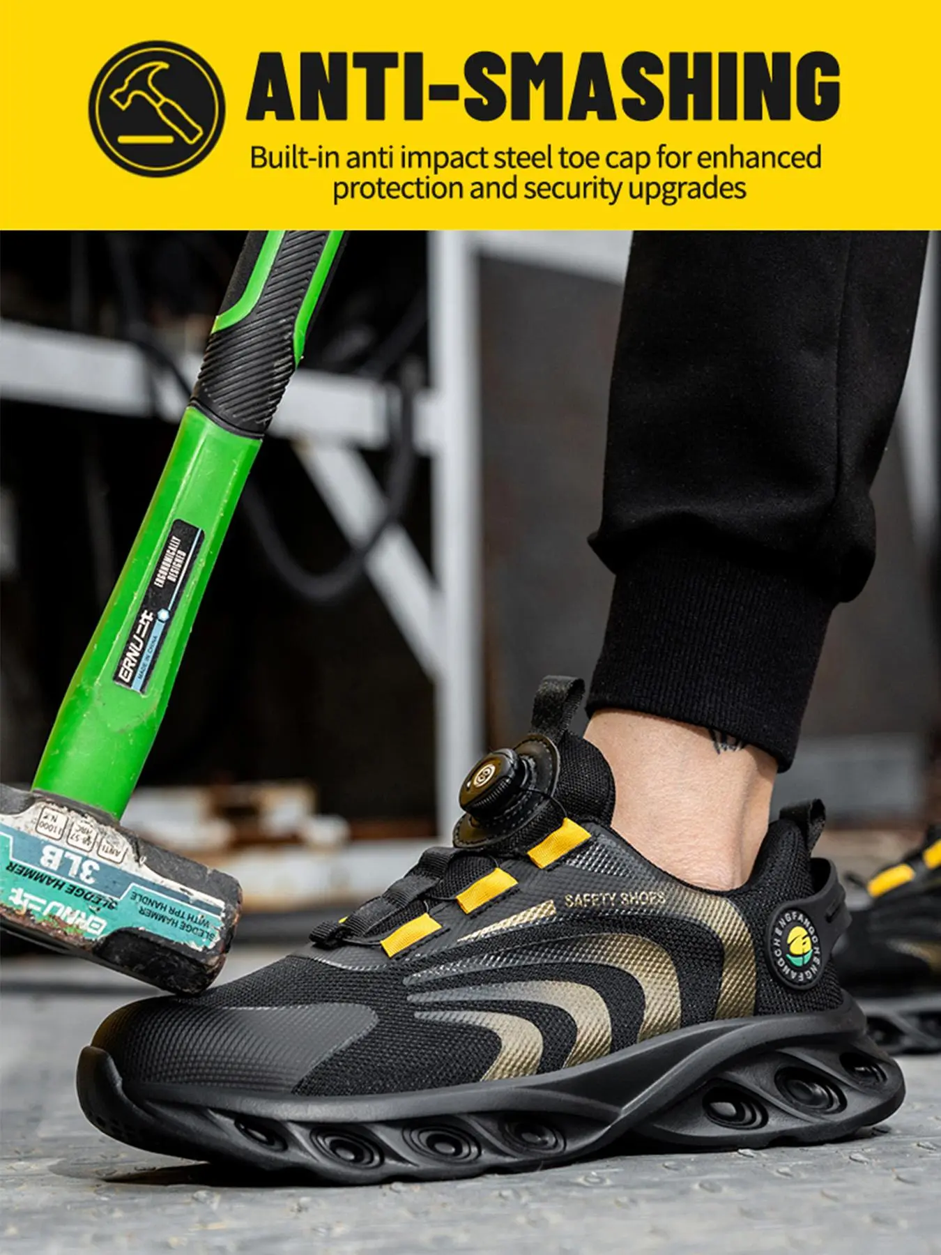 Men's Colorblock Rotary Buckle Trainer Work Shoes, Anti-smashing Anti-piercing Safety Shoes, Sports Runner Shoes for Men, Summer 2024 Walking Shoes for Daily Work Sports Shoes Training Closed Sneaker Running Boy Athletic Footwear Casual Comfort Creeper