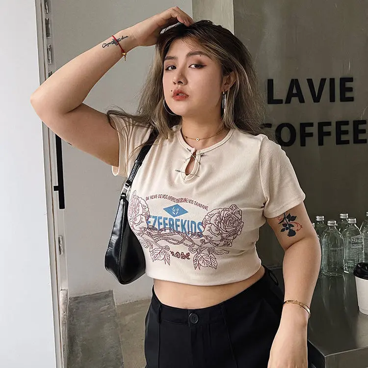 Y2k Fat Girl - Áo Thun Ngắn Tay Nữ, 100.00Kg, Ngoại Cỡ, In, Ngọt Ngào Và Cay Cỡ, Thiết Kế Hàng Đầu, Sense Niche, Ngắn, Dễ Phối Đồ