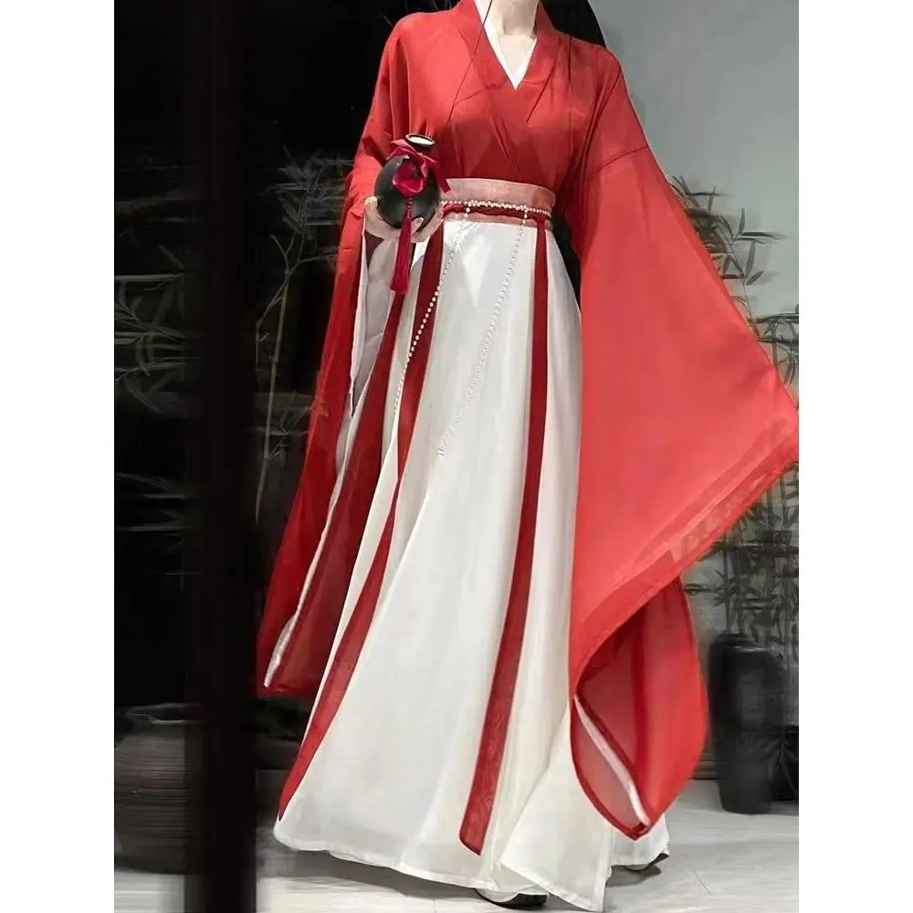 Bộ Hanfu Chính Hãng Dành Cho Nữ, Phong Cách Wei Và Jin, Cổ Chéo, Tay Áo Lớn, Ru Qi Eo Tám Váy Tái Bẻ, Thích Hợp Cho Mùa Xuân Và Mùa Thu, Phong Cách Chiến Quốc, Có Nhuộm Mực, Bộ Áo Choàng