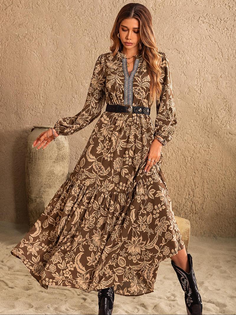 Product Introduction of Women's Floral Print Embroidered Trim Bishop Sleeve Notch Neck A-line Long Dress, Dresses for Women, Boho Spring & Fall Summer, Maxi Dresses for Vacation, Holiday Dresses, Belleza Fits, Womenswear 16