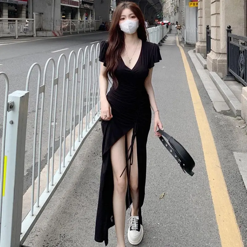 Yoohui QZ074 Longdress Rib Serut Korean Long dress/terusan panjang/Dress Bodycon Maxi Dress Korea Dress/dress kasual polos casual dress serut viral /dress belah samping rayon premium / dress belah paha Short Sleeves Women Dress Midi Lengan Pendek