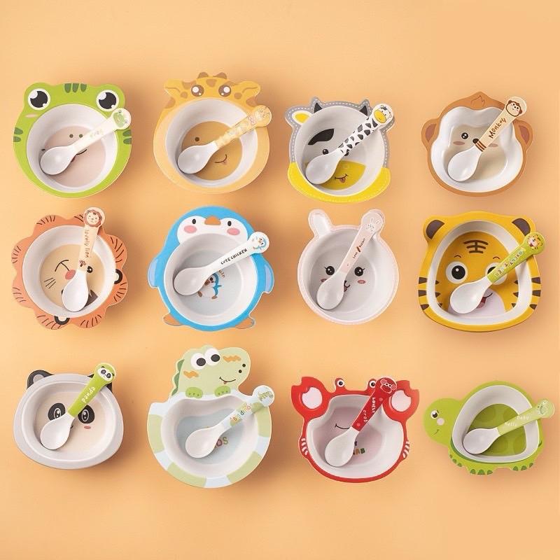 Bát ăn dặm nhựa sợi tre kèm thìa nhiều hình dáng đáng yêu cho bé