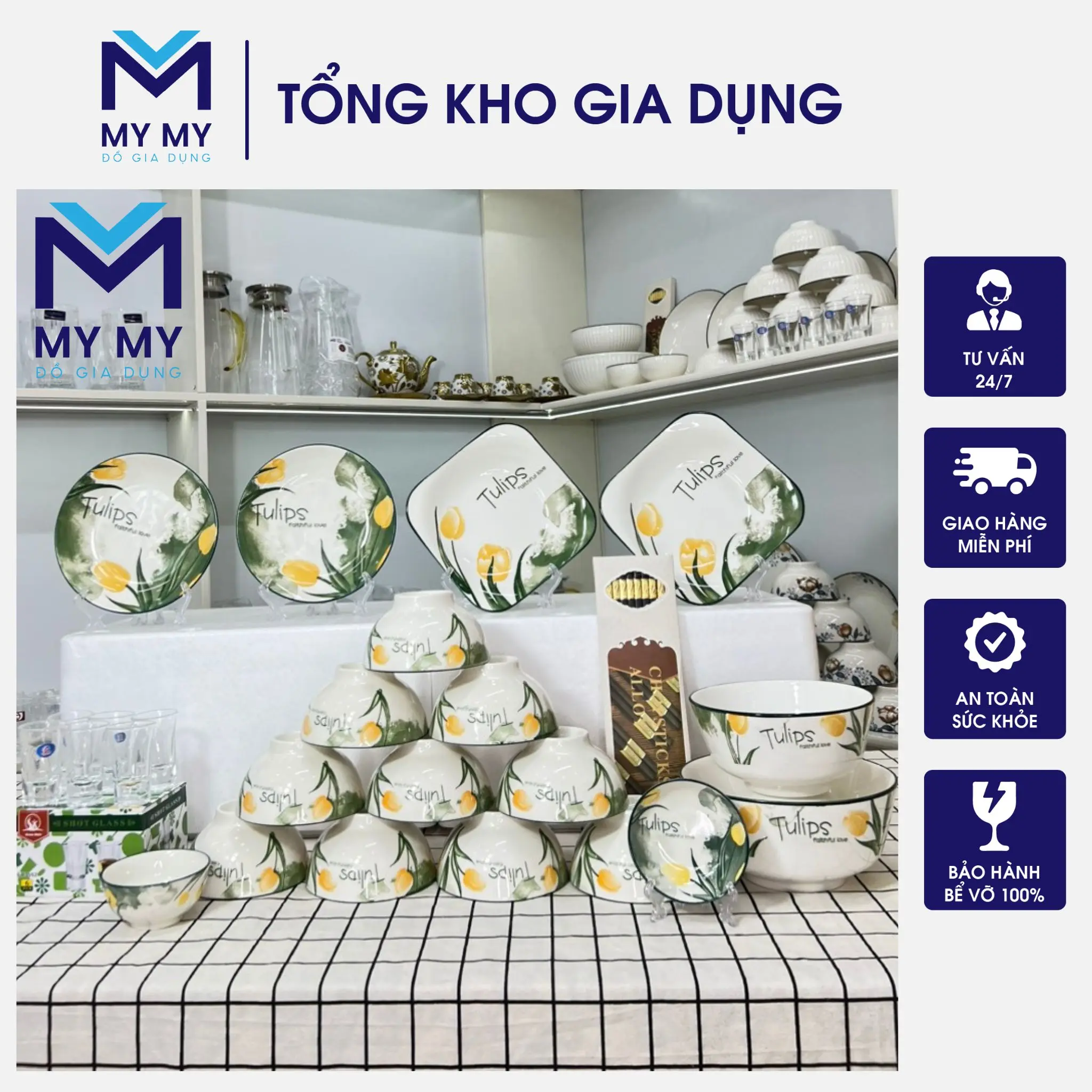 bộ bát đĩa 5D họa tiết hoa tuylip tặng 1 hộp ly và 10 đôi đũa khảm vàng