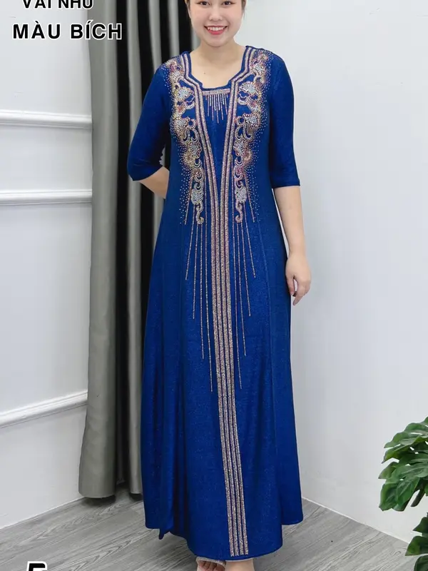 Đầm MAXI dạ hội trung niên chất nhũ kim sa co giãn cực tốt cho mẹ dự tiệc sang trọng bigsize 80KG - M531 3