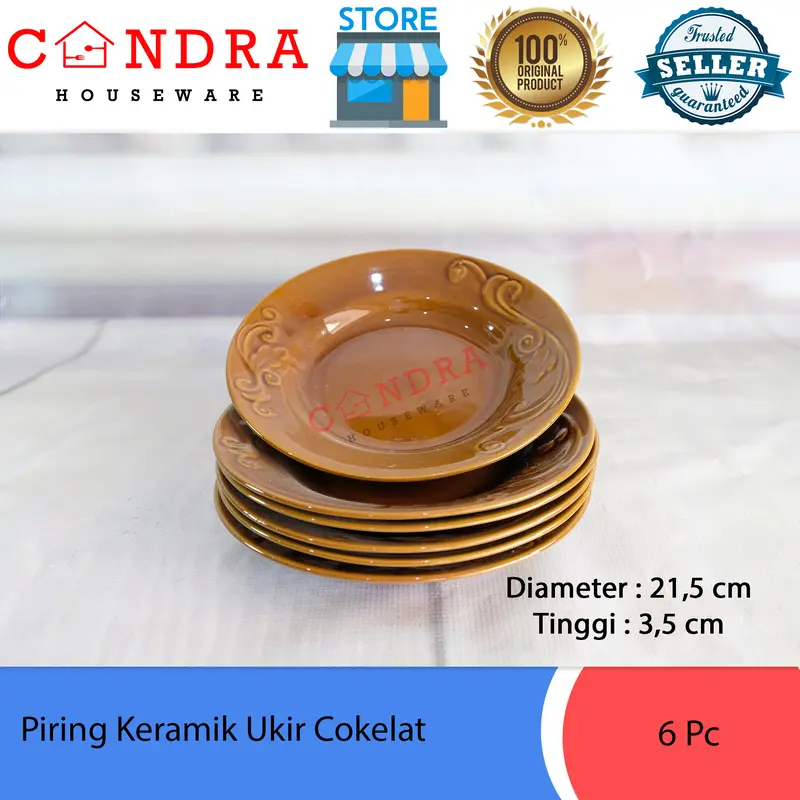 1 Pc Piring Keramik Ukir Cokelat / Piring Makan 8 inch - 20 cm 1