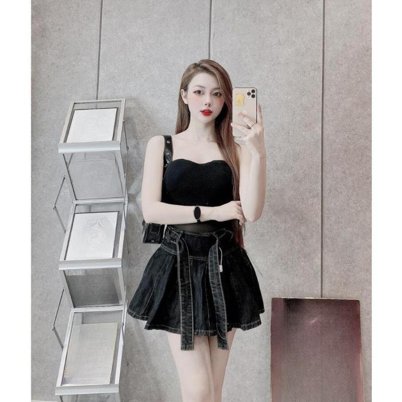 Chân váy jean xếp ly MELINA (tặng bản đai to) chân váy ngắn xoè xanh đen, đen ánh rêu, xám bạc size S M L 6485 1