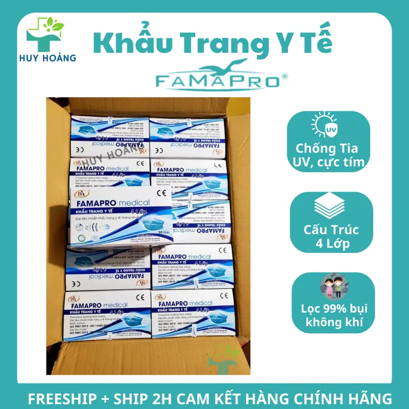 [Hộp 500 Cái] Khẩu trang y tế Famapro 4 lớp dày dặn kháng khuẩn, khẩu trang Farmapro chống nắng 5