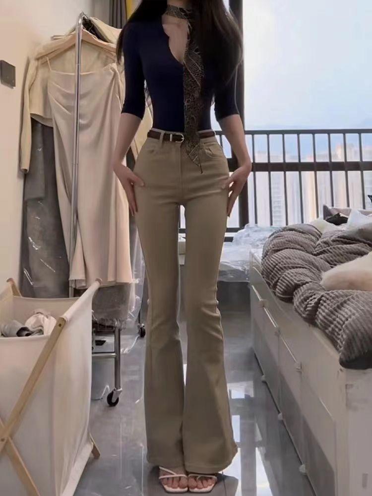 Product Introduction of Khaki High Waist Stretch Skinny Jeans Women's 2025 Winter Korean Style Washed Straight Speaker Pants Fashion Comfort Denim Pockets Streetwear Trouser Lingerie Slim Bottom Womenswear Fabric Basic Minimalist 6