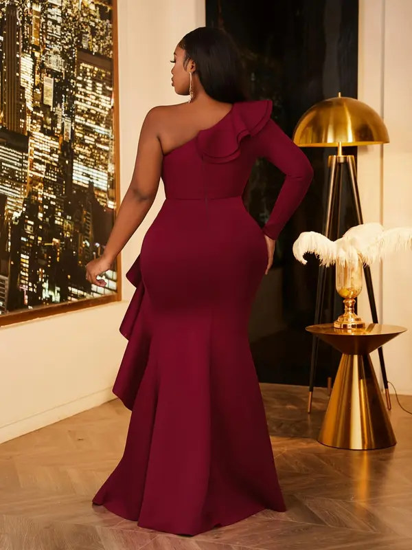 Women's Plain Ruffle Trim One Shoulder Split Thigh Maxi Evening Dress, Elegant Long Sleeve Zipper Mermaid Dress for Party & Banquet, Ladies' Clothes for All Seasons 1