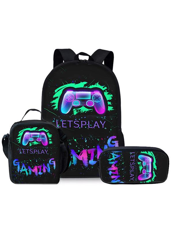Game Controller Print Backpack & Lunch Bag & Pencil Case Set, Casual Versatile Backpack Set for Men & Women, Trendy All-match Bag Set for Daily Use 0