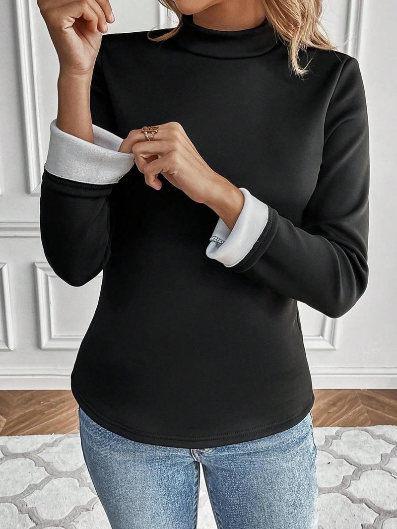 Product Introduction of Women's Plain Mock Neck Long Sleeve Thermal Lined Tee, Elegant Casual T-shirt for Daily Outdoor Wear, Women's Clothing for All Seasons 3