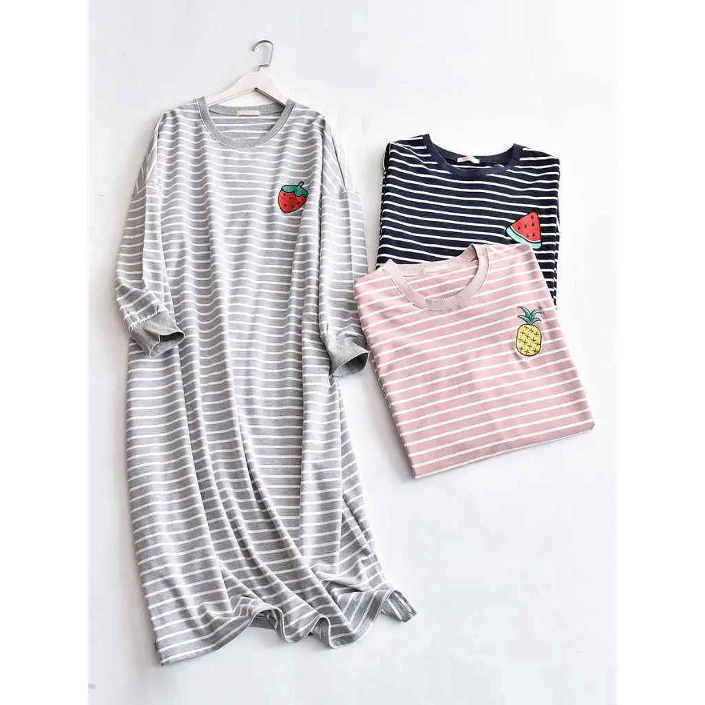 Women's nightgown for new spring/summer 2025 collection, long sleeve, medium length striped homewear.