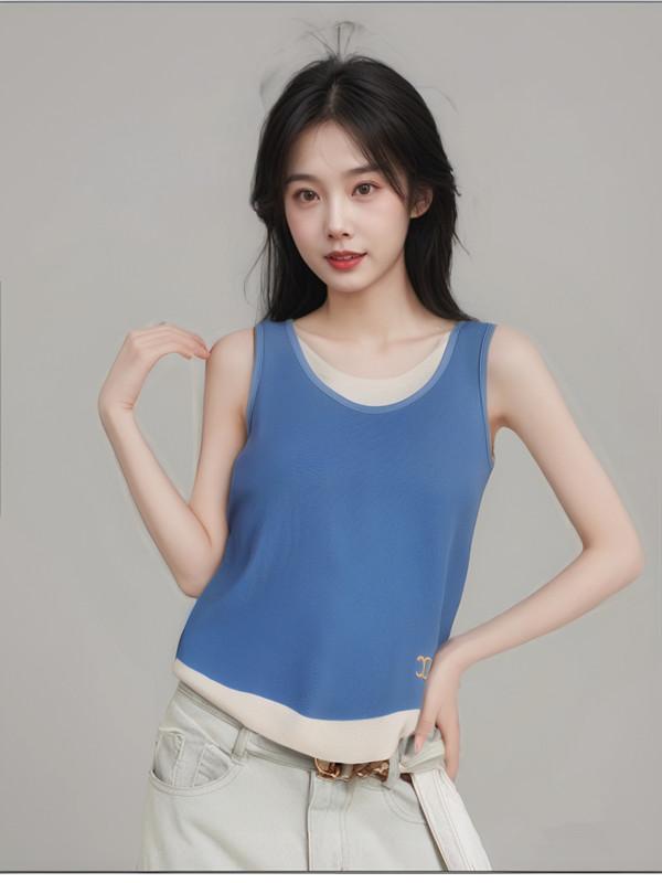 Product Introduction of Unique design sense color contrast two-piece U-neck camisole dresses back in stock in summer 2025, slim fit undershirts for women. 4