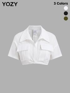YOZY Plain Pocket Front Zipper Back Crop Blouse, Casual Short Sleeve Collar Top, 2024 Women's Summer Outfits for Daily Wear