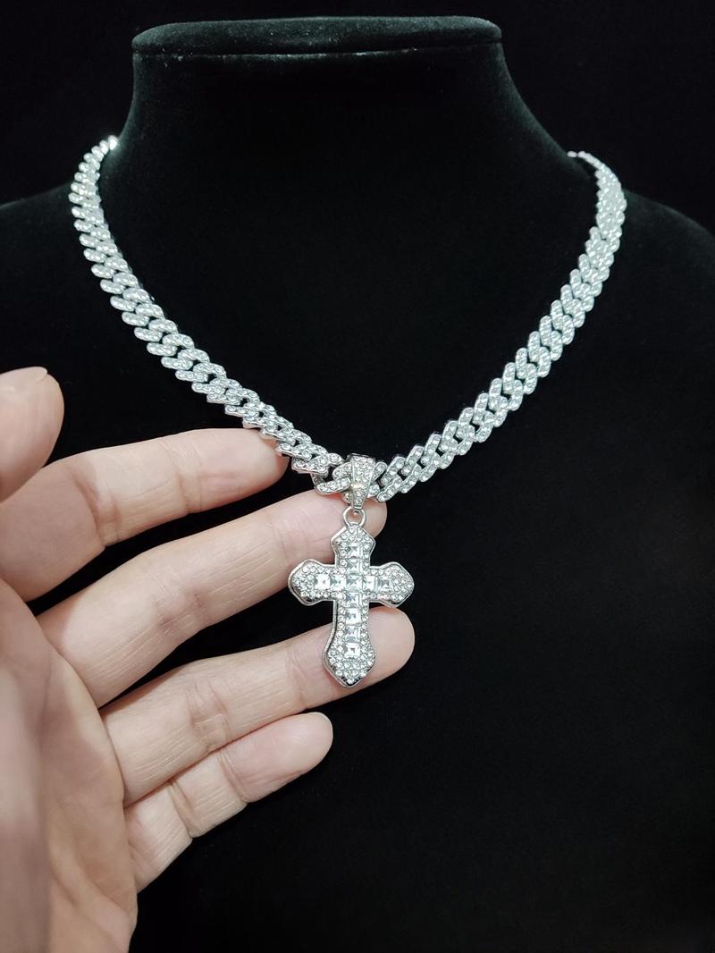 Product Introduction of 2024 Trendy Rhinestone Cross Pendant Necklace for Men & Women,  Punk Style Cuban Link Chain Jewelry Gift for Daily Decoration, Classic Fashion Accessories for Party, Club 8