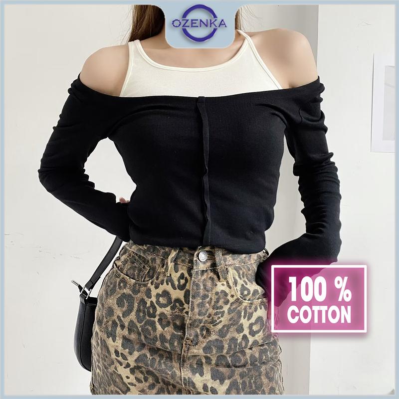Áo croptop tay dài nữ trễ vai cotton đen trắng ozenka áo crt ôm nữ baisic dễ phối đồ thanh lịch sang trọng cổ cải màu Thun Shirt Denim Sơ Mi Jean Nhung Women