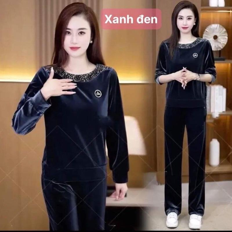 Đồ bộ nhung cổ tròn phối beo tay dài quần dài cho nữ - Women dobo tay 2