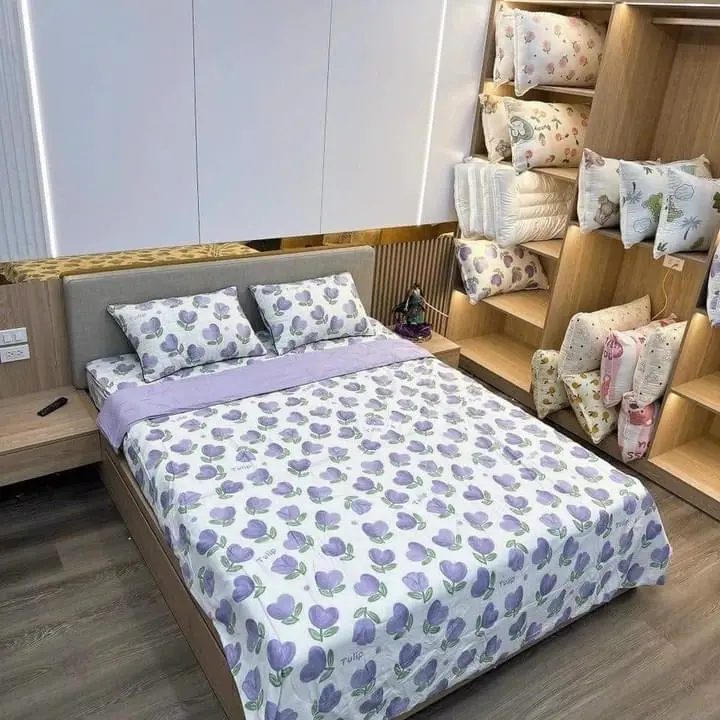 Set 4 món cotton sơ đũi đậu nành 1 ga bo chun , 2 vỏ gối đầu và 1 chăn 2