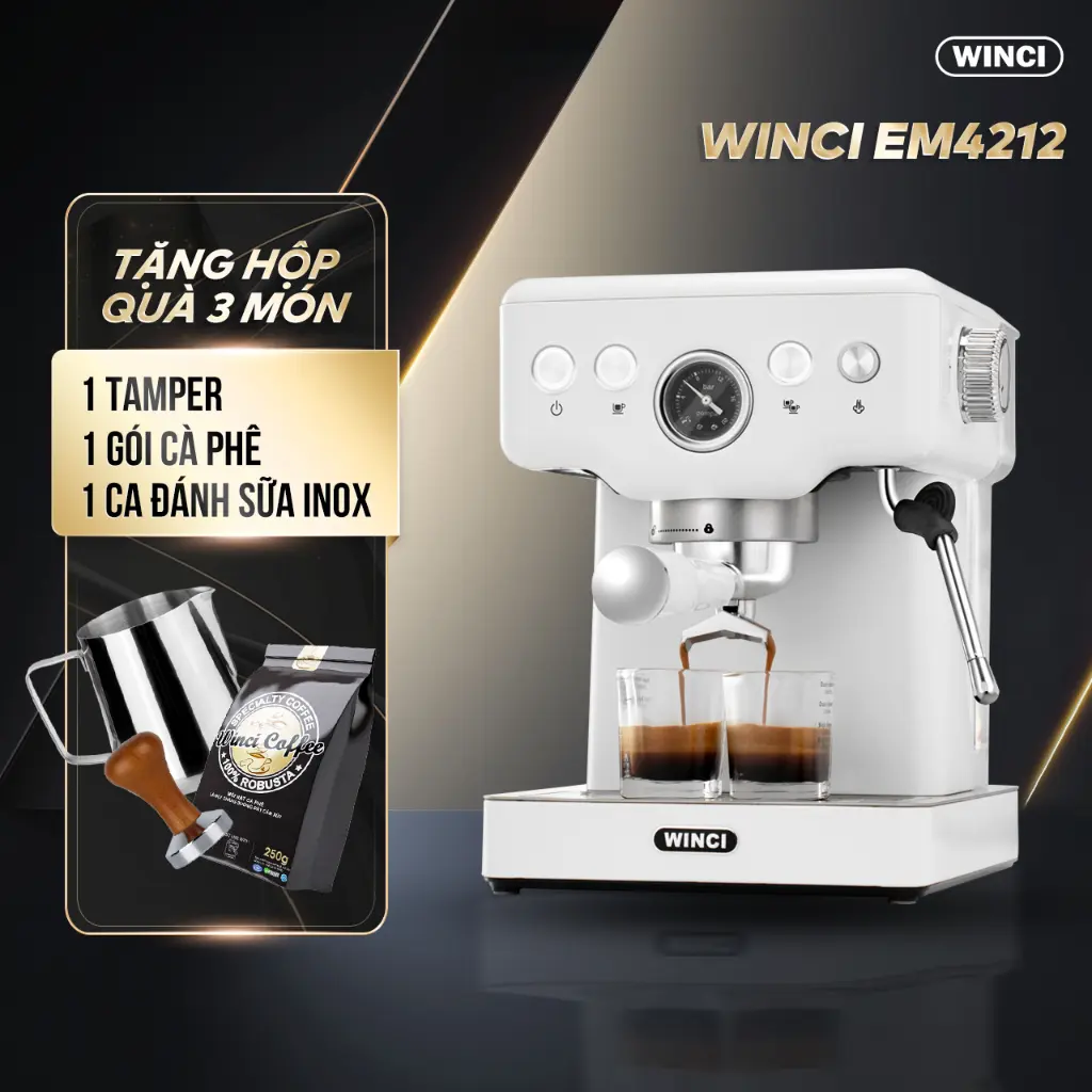 Máy Pha Cà Phê Espresso Winci EM4212 ,  Tay cầm 51 MM Pha Cafe Tự Động, Công Suất 1350w, Áp Suất 20Bar, tặng 1 gói cafe , 1 Tamper 51 mm 1 Ca inox