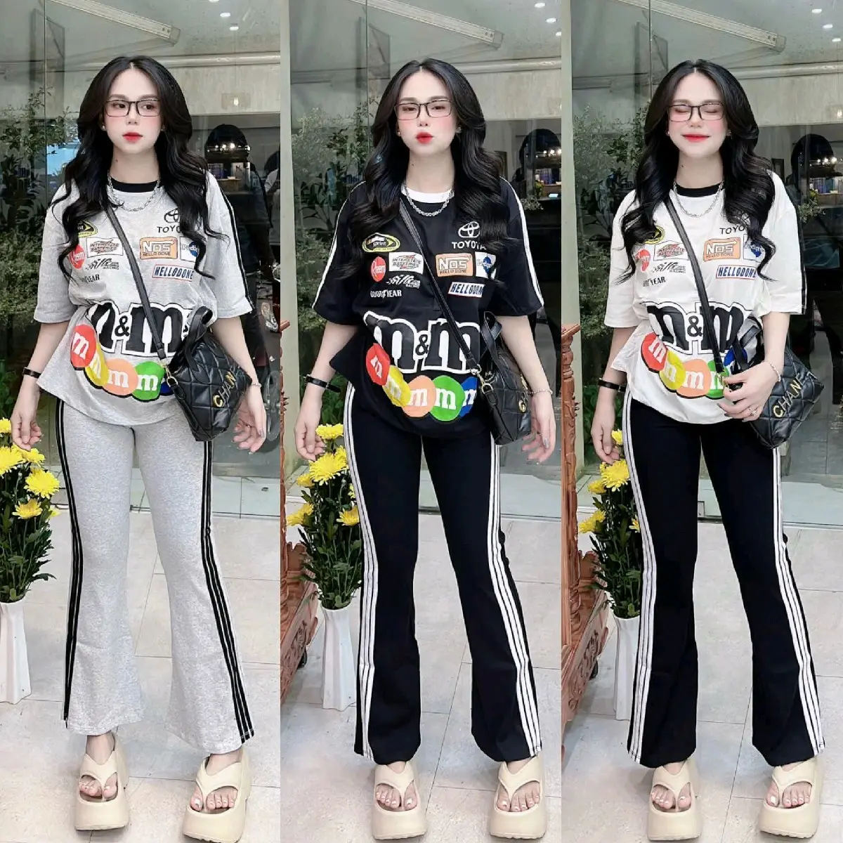 Bigsize 60-90kg Set bộ loe áo thun gân tăm tay lỡ phối sọc in hình + quần thun gân tăm ống loe phối sọc cho nữ, Bộ đồ áo thun tăm gân cổ tròn + quần ống loe lưng thun- Nhyy Shop