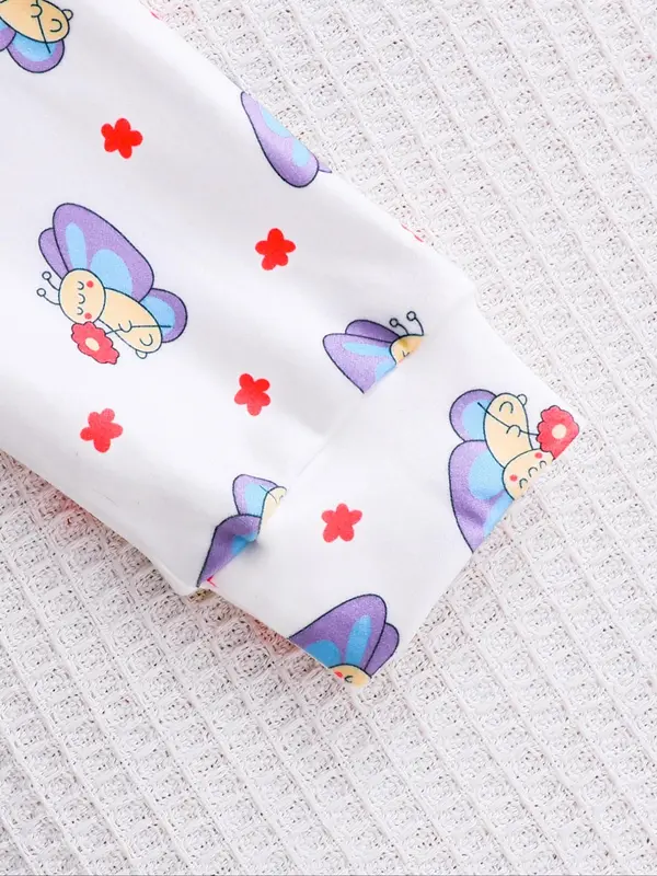 Baby Girls' Cute Butterfly Print Bow Decor Long Sleeve Top & Pants Two-piece Set, Casual Round Neck Layered Sleeve Top & Trousers for Daily Wear, Newborn Infant Kids Fall & Winter Clothes 5