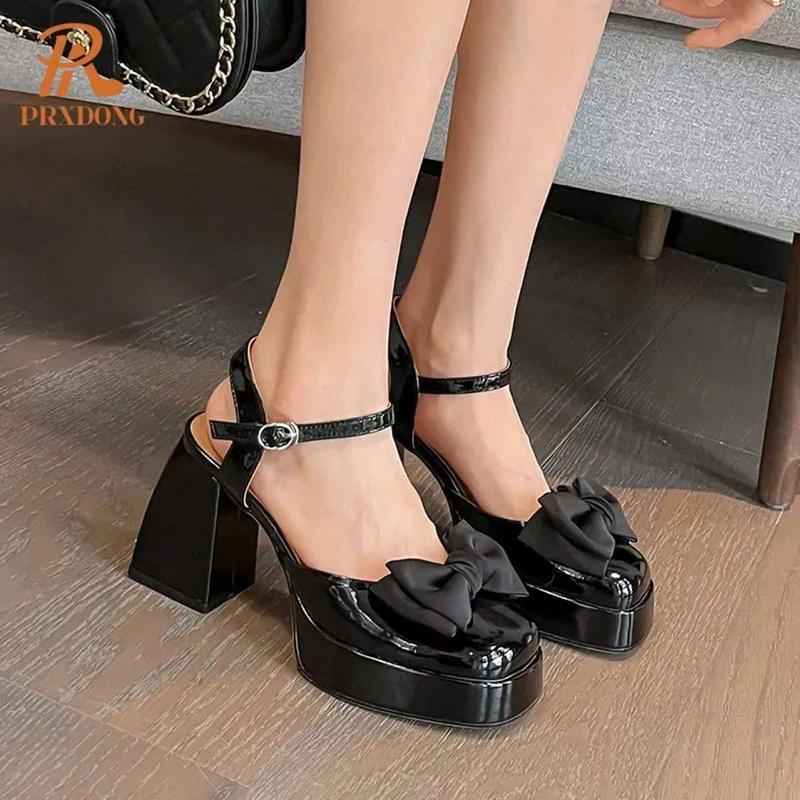 Phúc minh [TH30] Giày Nữ Đế Đúp Quai Hậu Khóa Cài Thiết Kế Nơ Vải Lụa Xinh Gót Cao 10cm Màu Đen Size 35-39 Chất Liệu Da Bóng Đế TPR Bám Dính