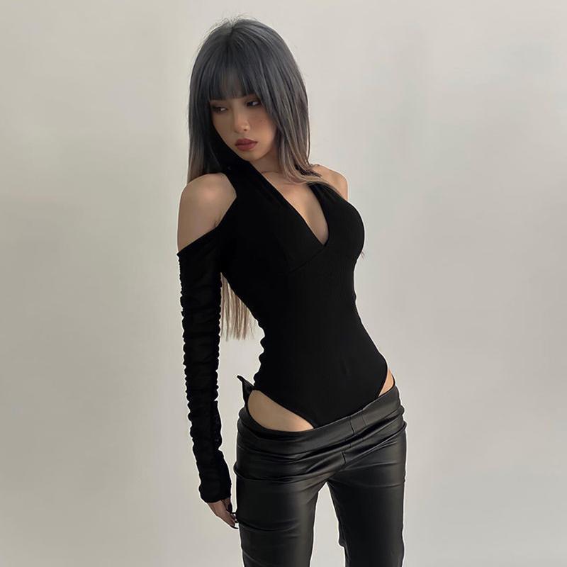 Áo Thun Nữ Áo Liền Quần Dáng Ôm cổ xẻ Sâu Dài Tay Hở Lưng Màu Trơn Áo Cổ Yếm Áo Jumpsuit Quần Thích Hợp Cho Bữa Tiệc Câu Lạc Bộ Cocktail