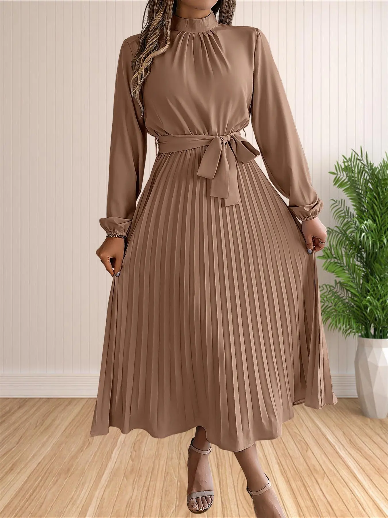 Women's Solid Belted Pleated A Line Dress, Elegant Bishop Sleeve Mock Neck Dress for Fall & Winter, Women's Modest Clothing for Daily Wear, Night Out Dresses, Long Dresses, Dresses for Women